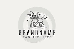 Summer camp logo with a combination of a camper van, palm, sun and beach