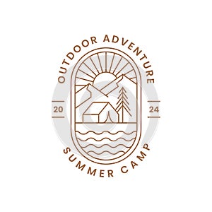 Summer camp logo with mountains and tent