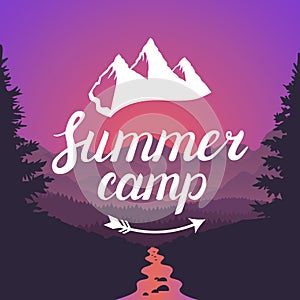 Summer camp logo. Summer camp emblem. Design lettering typography on mountain landscape background.