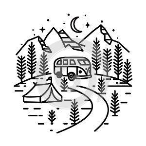 Summer Camp pine tree, trailer, van, RV, rocky mountain line art design