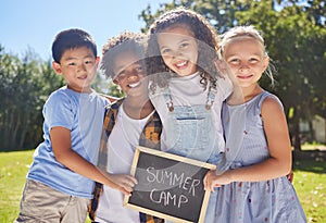 Summer camp, portrait or kids hugging in park together for fun, bonding or playing in outdoors. Boys, girls or happy