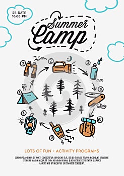 Summer Camp poster. Tent, Campfire, Pine forest and rocky mountains background, vector illustration.