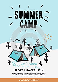 Summer Camp poster. Tent, Campfire, Pine forest and rocky mountains background, vector illustration.