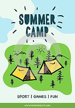 Summer Camp poster. Tent, Campfire, Pine forest and rocky mountains background, vector illustration.