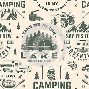 Summer camp seamless pattern or background. Vector Seamless scene with quad bike, tent, mountain, camper trailer and