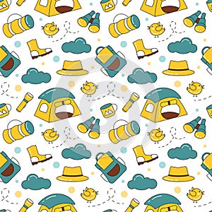 Summer Camp Seamless Pattern Design of Camping and Traveling Element in Template Hand Drawn Cartoon Flat Illustration