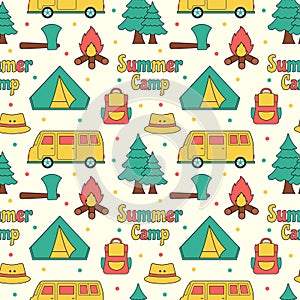 Summer Camp Seamless Pattern Design of Camping and Traveling Element in Template Hand Drawn Cartoon Flat Illustration