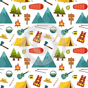 Summer Camp Seamless Pattern Design of Camping and Traveling Element in Template Hand Drawn Cartoon Flat Illustration