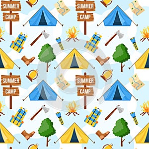 Summer Camp Seamless Pattern Design of Camping and Traveling Element in Template Hand Drawn Cartoon Flat Illustration