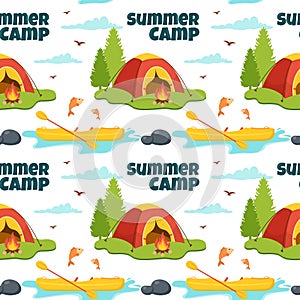 Summer Camp Seamless Pattern Design of Camping and Traveling Element in Template Hand Drawn Cartoon Flat Illustration