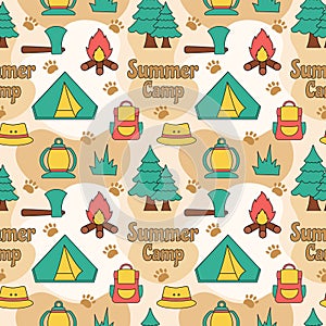 Summer Camp Seamless Pattern Design of Camping and Traveling Element in Template Hand Drawn Cartoon Flat Illustration