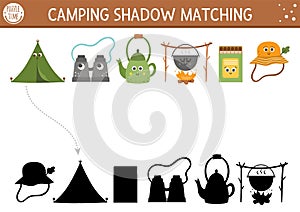 Summer camp shadow matching activity for children with cute kawaii camping equipment. Family nature trip puzzle with cute objects