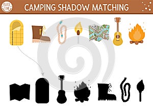 Summer camp shadow matching activity for children with cute kawaii camping equipment. Family nature trip puzzle with cute objects