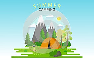 Summer Camp In Sunny Day Landscape, Flat Style Vector Illustration