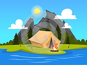 Summer camp. Tent with a campfire at the river