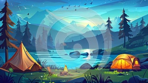 A summer camp with tents, a chair, and a campfire on the river shore. This modern background has parallax effect and a