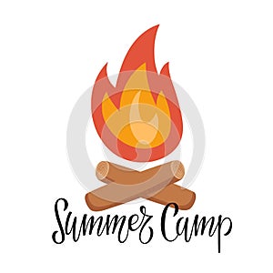 Summer Camp text with Cartoon fire. Sticks or firewood burn in red fire. Burning wood. Vector hand drawn illustration