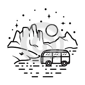 Summer Camp trailer, van, RV, rocky mountain line art design