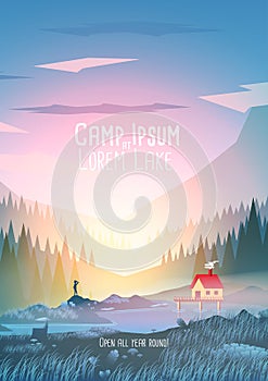 Summer Camp Vacation Poster with Mountain Lake - Vector Illustration