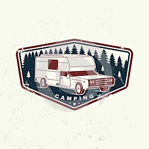 Summer camp. Vector. Camping trailer emblem or patch. Concept for shirt or logo, print, stamp or tee. Vintage typography