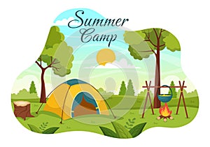 Summer Camp Vector Illustration of Camping and Traveling on Holiday with Equipment such as Tent, Backpack and Others