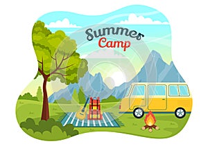 Summer Camp Vector Illustration of Camping and Traveling on Holiday with Equipment such as Tent, Backpack and Others