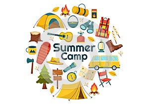 Summer Camp Vector Illustration of Camping and Traveling on Holiday with Equipment such as Tent, Backpack and Others