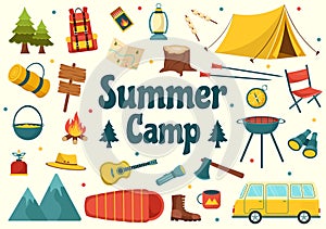 Summer Camp Vector Illustration of Camping and Traveling on Holiday with Equipment such as Tent, Backpack and Others