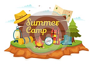 Summer Camp Vector Illustration of Camping and Traveling on Holiday with Equipment such as Tent, Backpack and Others