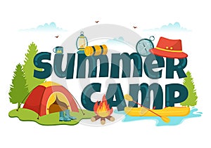 Summer Camp Vector Illustration of Camping and Traveling on Holiday with Equipment such as Tent, Backpack and Others