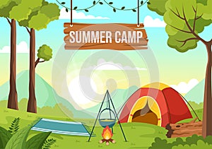Summer Camp Vector Illustration of Camping and Traveling on Holiday with Equipment such as Tent, Backpack and Others