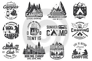 Summer camp. Vector illustration. Concept for shirt or patch, print, stamp. Vintage typography design with rv trailer