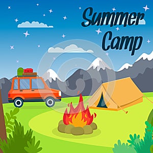 Summer Camp Vector Poster, Banner with Lettering