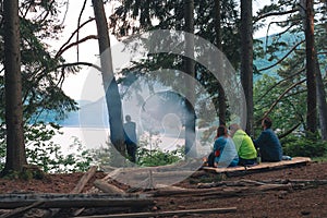 Summer camping. Back view of group of people, men and woman sitting near bonfire, tourist. Concept of tourism, camping