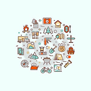 Summer camping, climbing, trekking, hiking, mountaineering, extreme sports, outdoor vector concept with line icons
