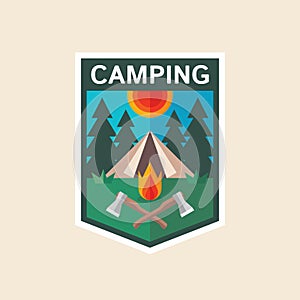 Summer camping - concept badge in flat design style. Adventure retro shield logo vector illustration. Expedition explorer creative