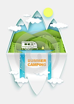 Summer camping concept vector poster banner template