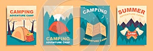 Summer camping cover brochure set in flat design. Poster templates with campsite tent and touristic backpack in forest, hiking