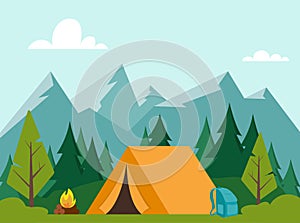 Summer Camping day in mountains. Mountains, trees, tent and campfire. Banner, poster for Climbing, hiking, trakking sports. Vector