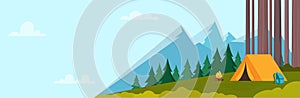 Summer Camping day in mountains. Mountains, trees, tent and campfire. Horizontal banner for Climbing, hiking, trakking sport,