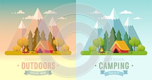 Summer Camping day and sunset graphic posters.