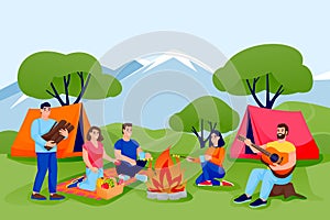 Summer camping and ecotourism. Friends have rest in forest or mountains camping in tents. Vector people characters photo