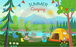 Summer Camping. Forest landscape with trees, bushes, flowers, road, a lake, tents, a bonfire, a backpack. Concept camping and