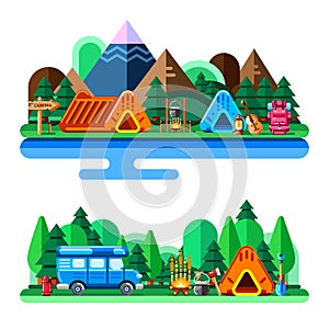 Summer camping in forest and mountains, vector flat style illustration. Adventures, travel and eco tourism concept.