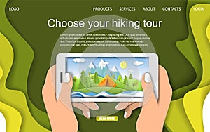 Summer camping and hiking landing page design, website banner, mobile template. Vector illustration in paper art style.