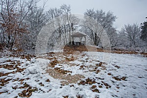 Summer camping house at winter