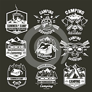 Summer camping label set, vector monochrome illustration