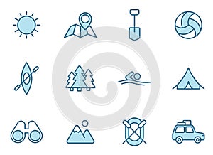 summer camping linear vector icons in two colors isolated on white background. photo