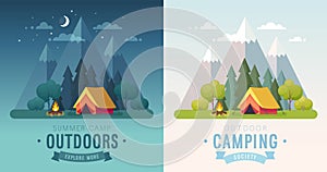 Summer Camping morning and night graphic posters. Banners with mountains, trees, tent and campfire.