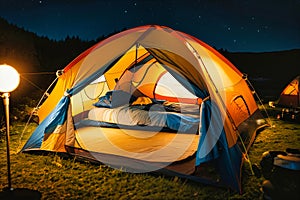 Summer camping in the mountains. Tents in the night with the starry sky and clouds in the background.